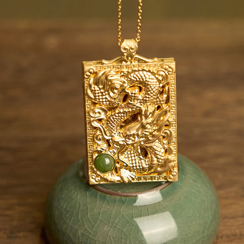 Wear FengShui Dragon Gold Plated Copper Hetian Jade Strength Necklace Pendant