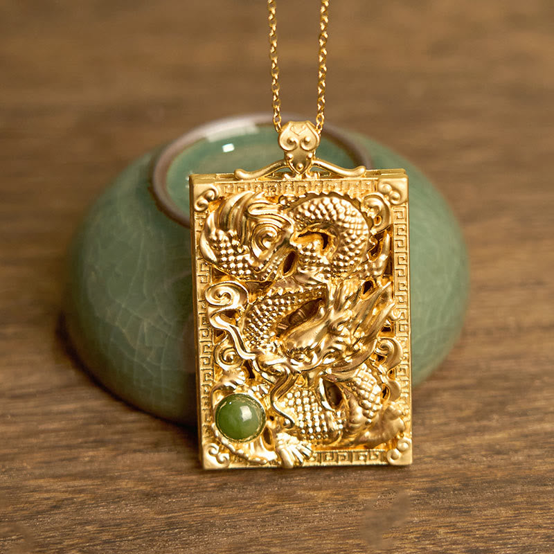 Wear FengShui Dragon Gold Plated Copper Hetian Jade Strength Necklace Pendant