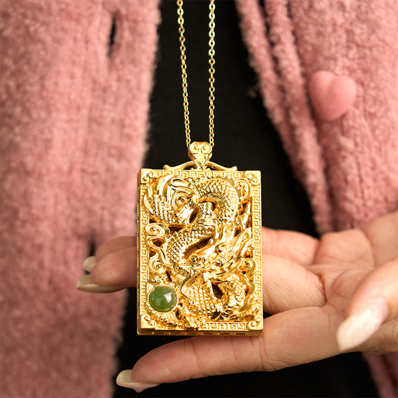 Wear FengShui Dragon Gold Plated Copper Hetian Jade Strength Necklace Pendant