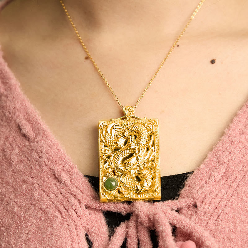 Wear FengShui Dragon Gold Plated Copper Hetian Jade Strength Necklace Pendant