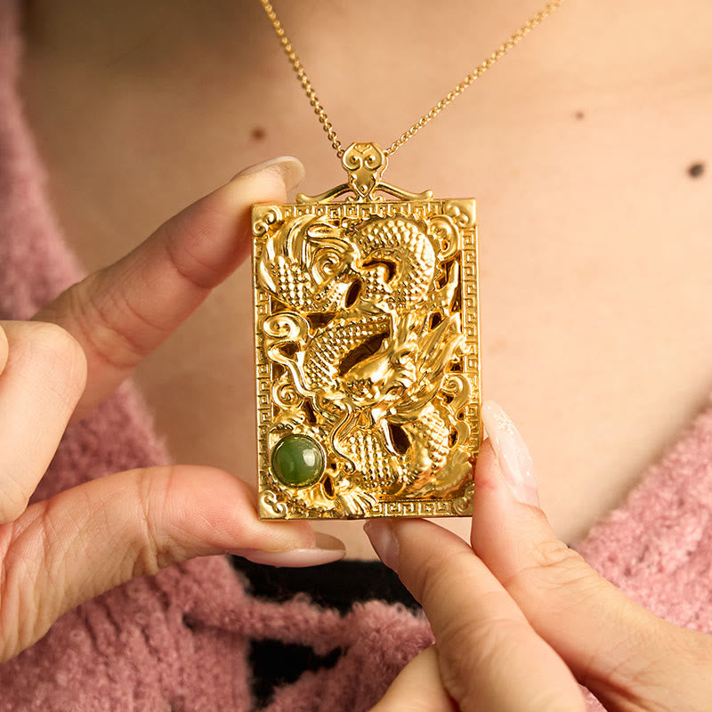 Wear FengShui Dragon Gold Plated Copper Hetian Jade Strength Necklace Pendant