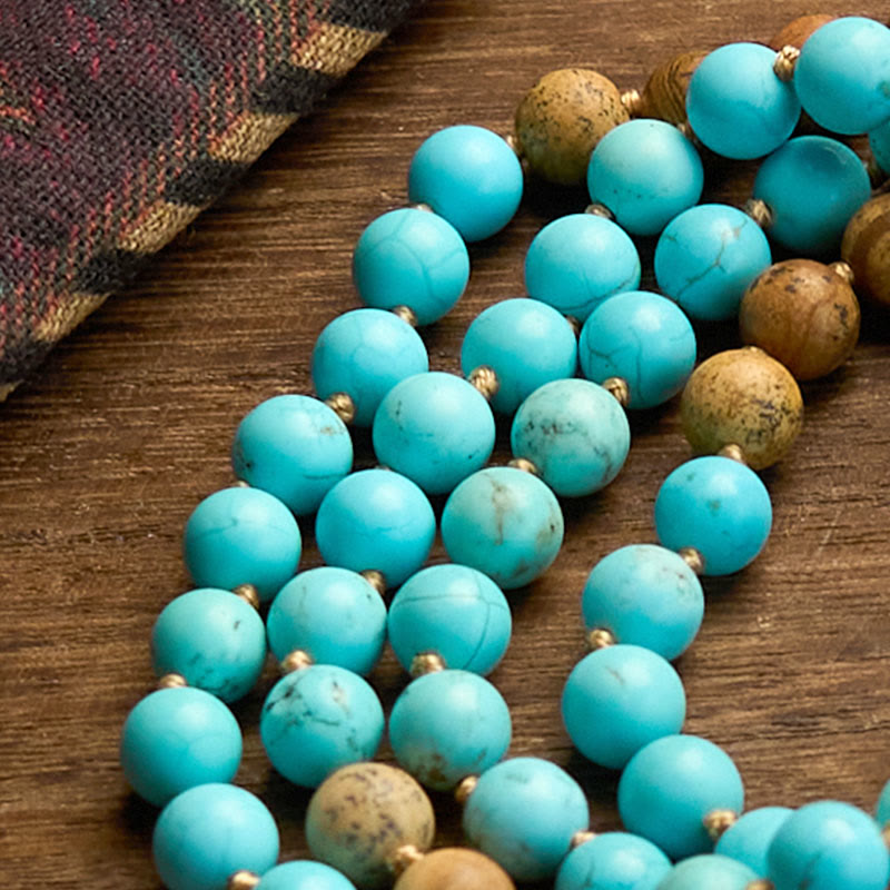 Wear FengShui 108 Mala Beads Turquoise Picture Jasper Bead Tassel Balance Bracelet