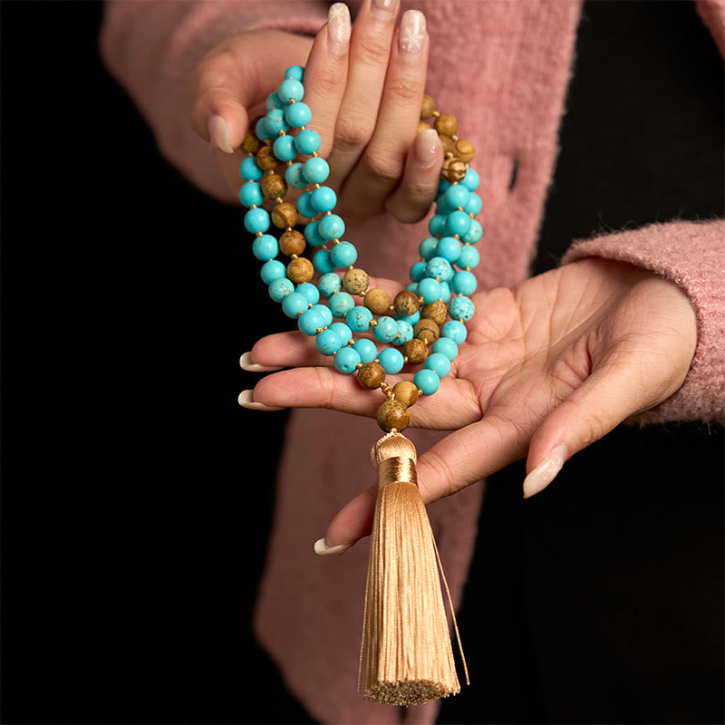 Wear FengShui 108 Mala Beads Turquoise Picture Jasper Bead Tassel Balance Bracelet