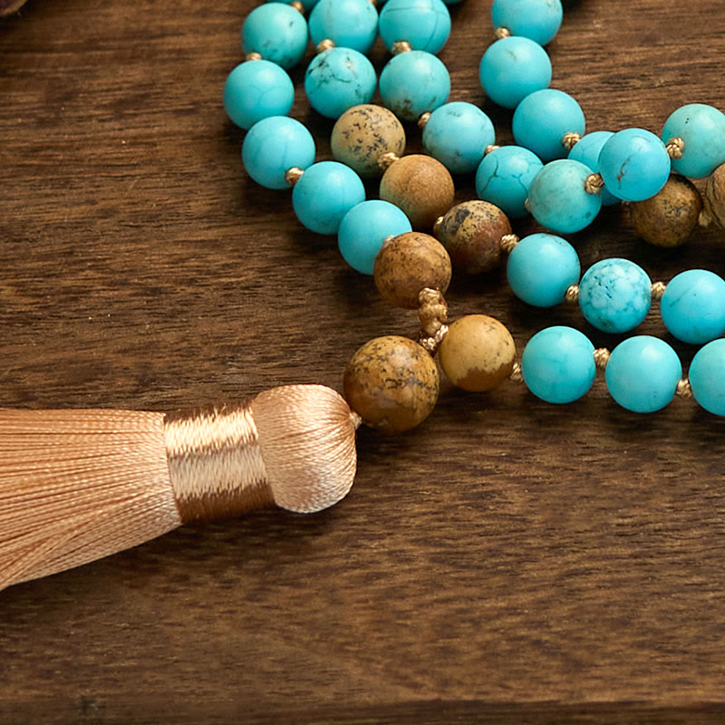 Wear FengShui 108 Mala Beads Turquoise Picture Jasper Bead Tassel Balance Bracelet