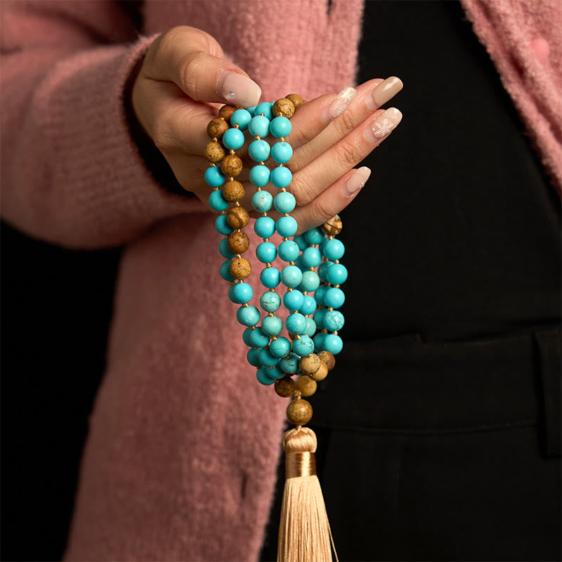 Wear FengShui 108 Mala Beads Turquoise Picture Jasper Bead Tassel Balance Bracelet
