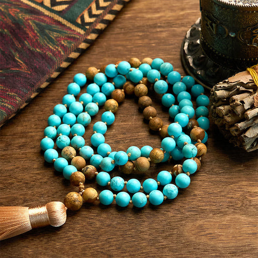 Wear FengShui 108 Mala Beads Turquoise Picture Jasper Bead Tassel Balance Bracelet