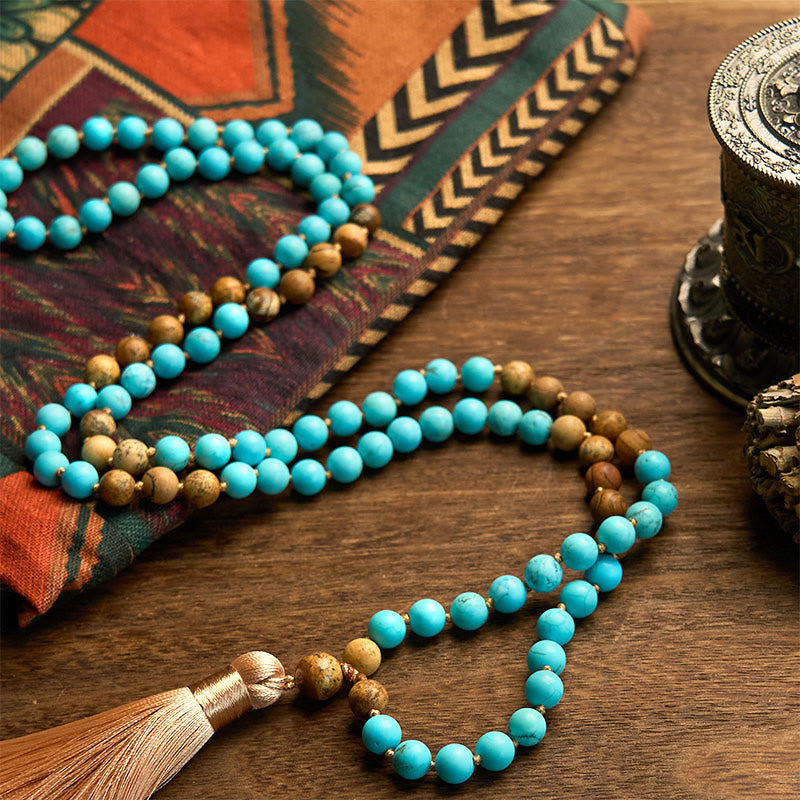 Wear FengShui 108 Mala Beads Turquoise Picture Jasper Bead Tassel Balance Bracelet
