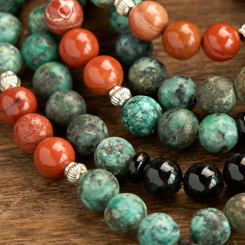 Wear FengShui 108 Mala Natural Black Onyx Red Jasper Turquoise Beads Buddha Head Tassel Protection Bracelet