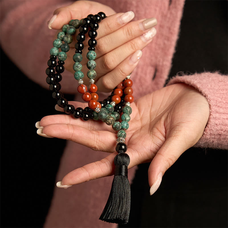 Wear FengShui 108 Mala Natural Black Onyx Red Jasper Turquoise Beads Buddha Head Tassel Protection Bracelet