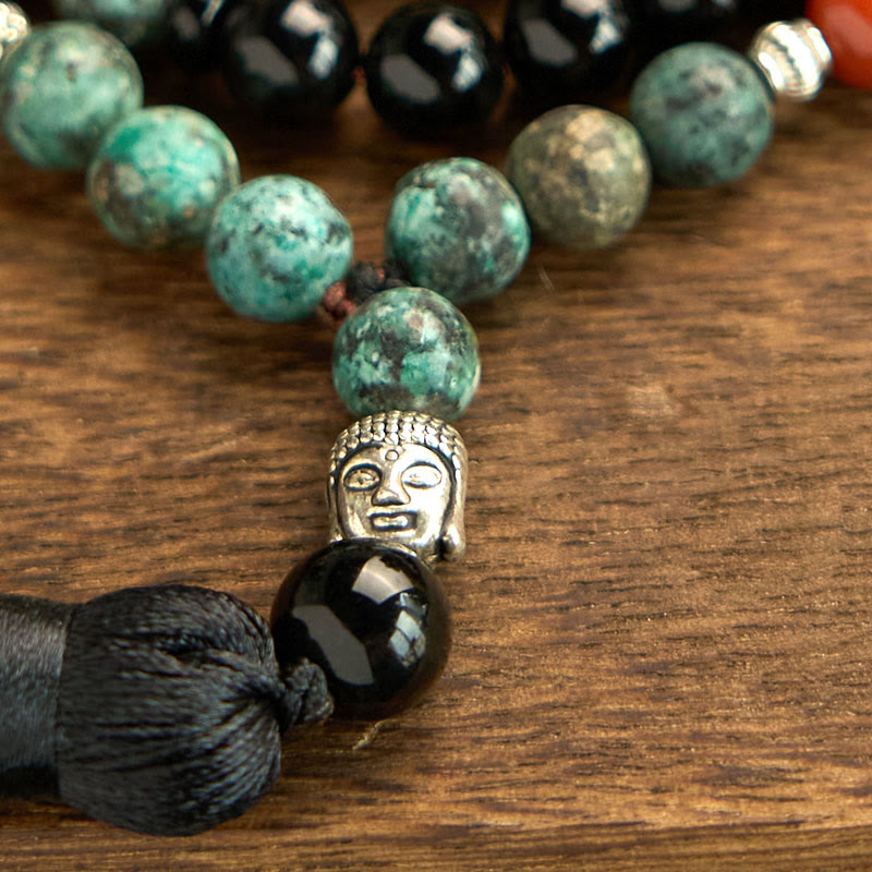 Wear FengShui 108 Mala Natural Black Onyx Red Jasper Turquoise Beads Buddha Head Tassel Protection Bracelet