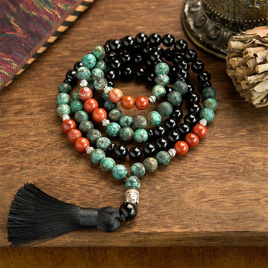 Wear FengShui 108 Mala Natural Black Onyx Red Jasper Turquoise Beads Buddha Head Tassel Protection Bracelet