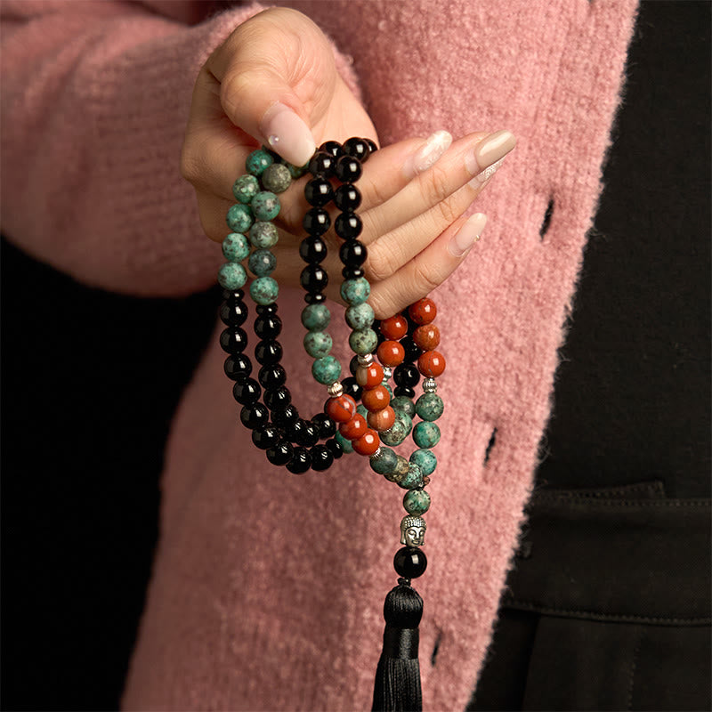 Wear FengShui 108 Mala Natural Black Onyx Red Jasper Turquoise Beads Buddha Head Tassel Protection Bracelet