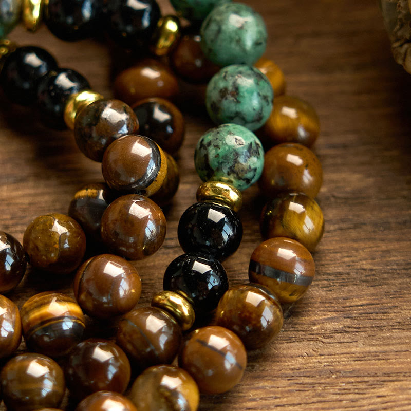 Wear FengShui 108 Mala Natural Stone Tiger Eye Turquoise Beads Tassel Protection Bracelet