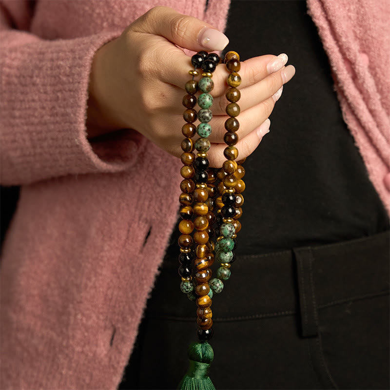Wear FengShui 108 Mala Natural Stone Tiger Eye Turquoise Beads Tassel Protection Bracelet