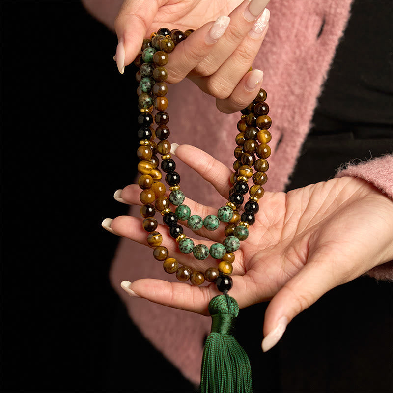Wear FengShui 108 Mala Natural Stone Tiger Eye Turquoise Beads Tassel Protection Bracelet