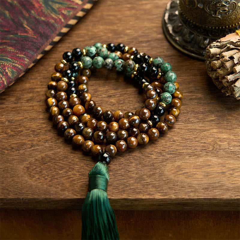 Wear FengShui 108 Mala Natural Stone Tiger Eye Turquoise Beads Tassel Protection Bracelet