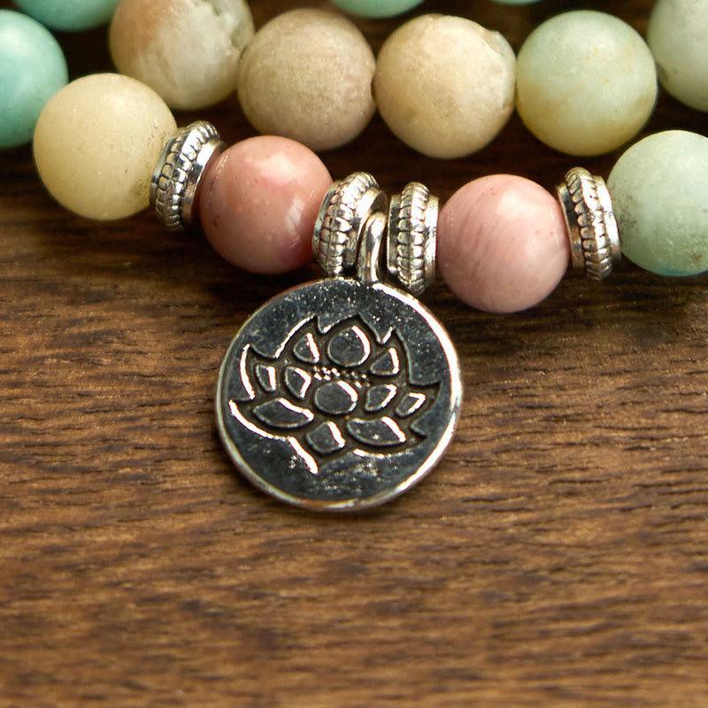 Wear FengShui 108 Mala Rhodonite Amazonite Beads Lotus Compassion Bracelet