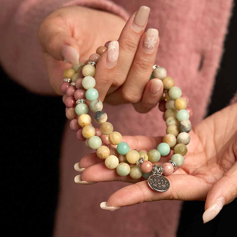 Wear FengShui 108 Mala Rhodonite Amazonite Beads Lotus Compassion Bracelet