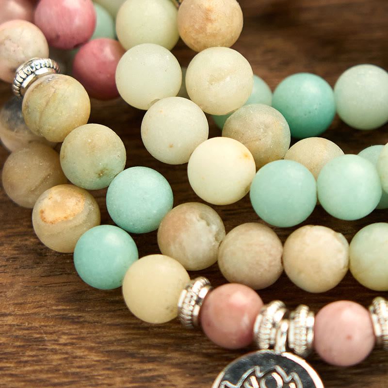Wear FengShui 108 Mala Rhodonite Amazonite Beads Lotus Compassion Bracelet