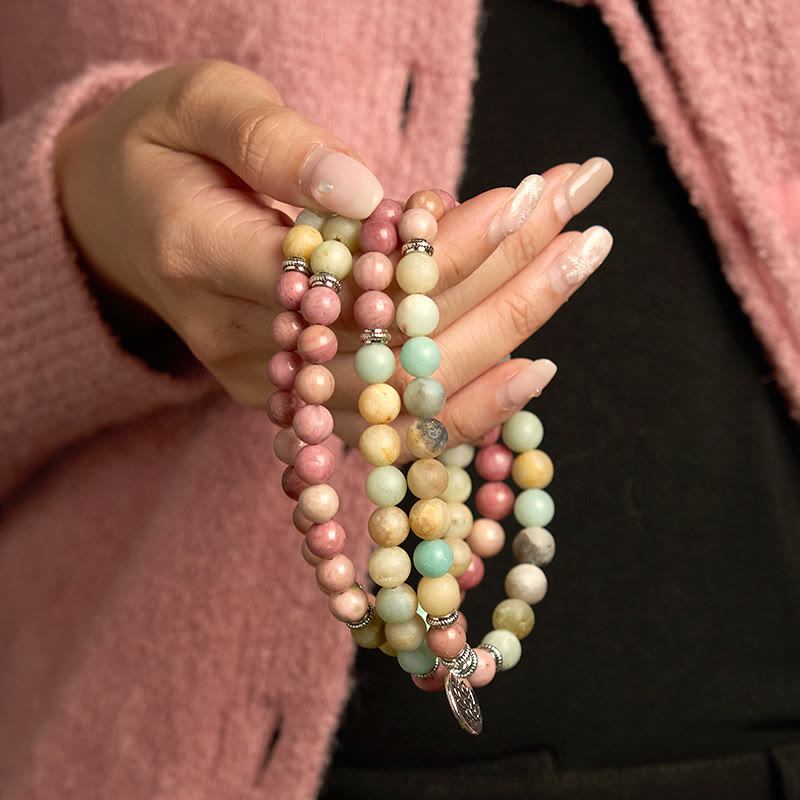 Wear FengShui 108 Mala Rhodonite Amazonite Beads Lotus Compassion Bracelet