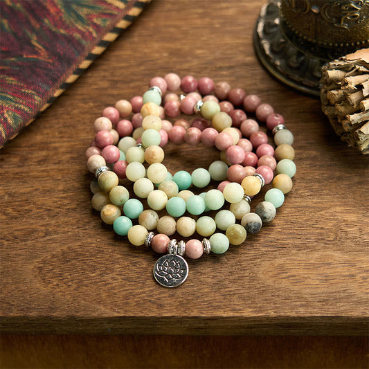 Wear FengShui 108 Mala Rhodonite Amazonite Beads Lotus Compassion Bracelet