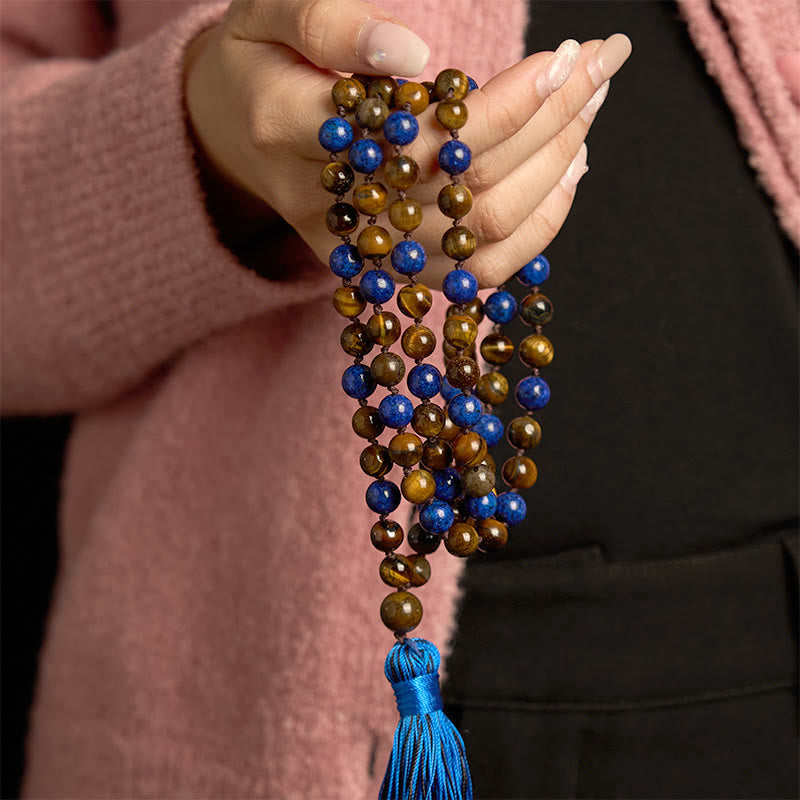 Wear FengShui 108 Beads Natural Stone Tiger Eye Lazurite Lapis Lazuli Mala Tassel Protection Bracelet