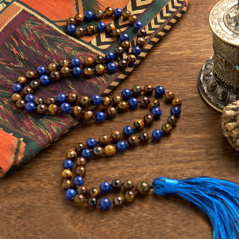 Wear FengShui 108 Beads Natural Stone Tiger Eye Lazurite Lapis Lazuli Mala Tassel Protection Bracelet