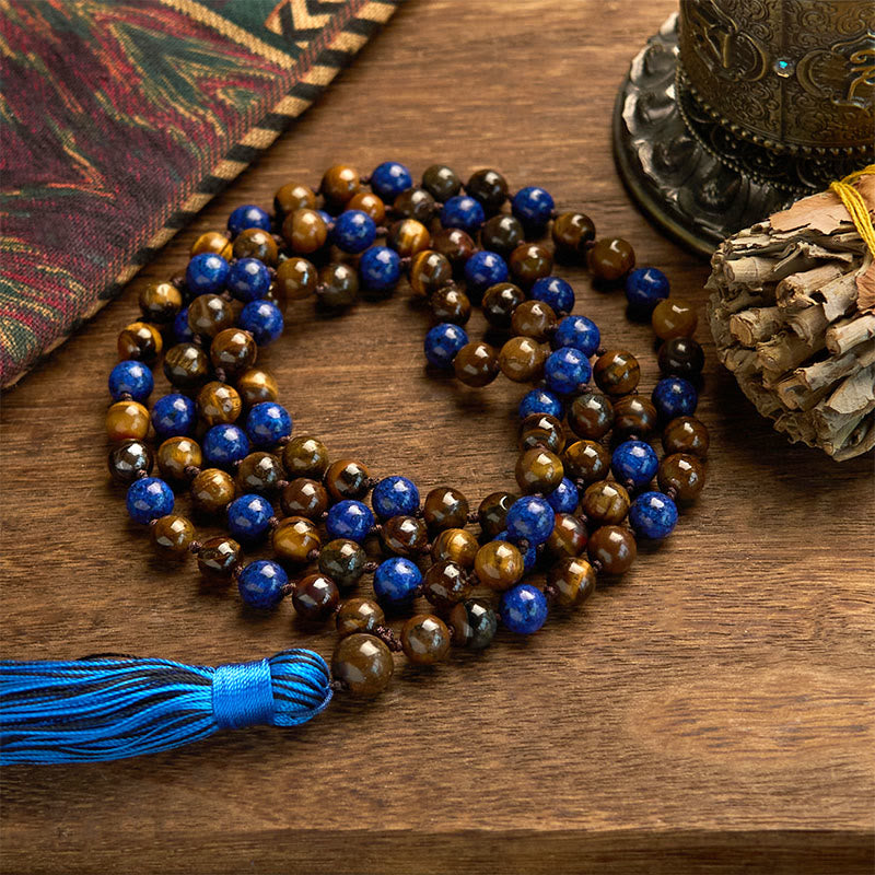 Wear FengShui 108 Beads Natural Stone Tiger Eye Lazurite Lapis Lazuli Mala Tassel Protection Bracelet