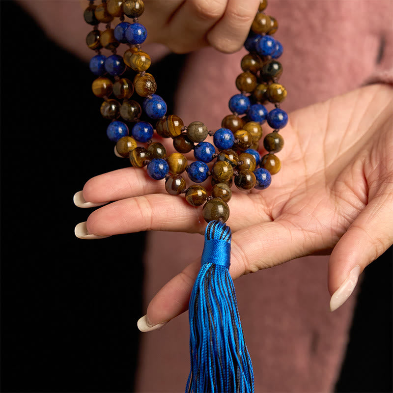 Wear FengShui 108 Beads Natural Stone Tiger Eye Lazurite Lapis Lazuli Mala Tassel Protection Bracelet