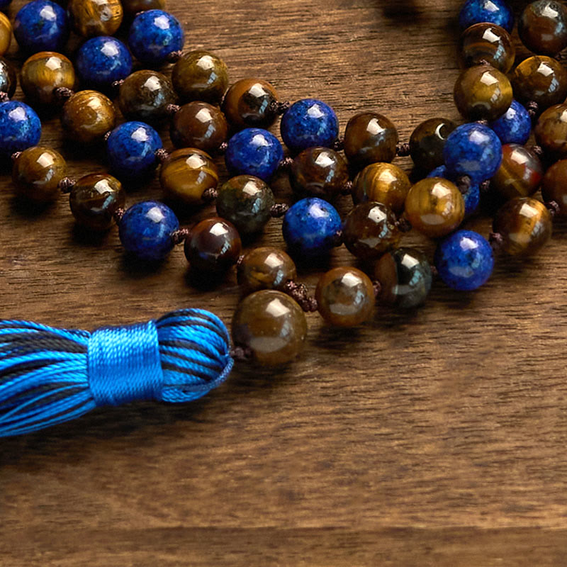 Wear FengShui 108 Beads Natural Stone Tiger Eye Lazurite Lapis Lazuli Mala Tassel Protection Bracelet