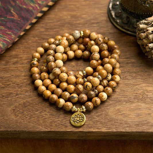 Wear FengShui 108 Beads Picture Jasper Mala Lotus Courage Bracelet