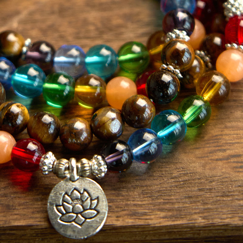 Wear FengShui 108 Mala Beads Natural Stone Tiger Eye Colored Beads Lotus Protection Bracelet