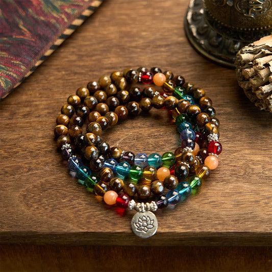 Wear FengShui 108 Mala Beads Natural Stone Tiger Eye Colored Beads Lotus Protection Bracelet