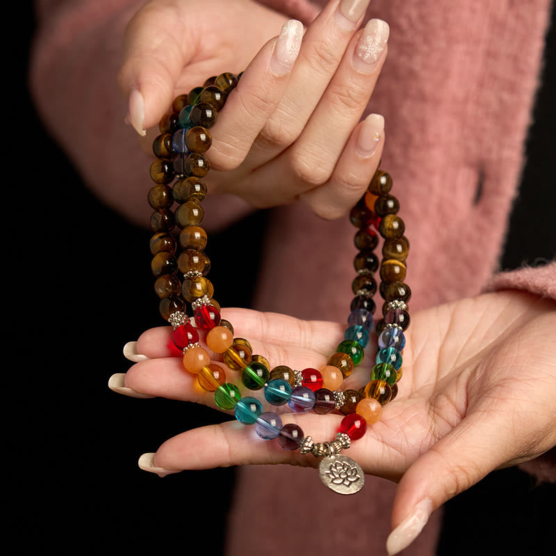 Wear FengShui 108 Mala Beads Natural Stone Tiger Eye Colored Beads Lotus Protection Bracelet