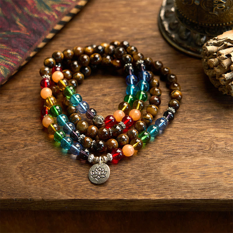 Wear FengShui 108 Mala Beads Natural Stone Tiger Eye Colored Beads Lotus Protection Bracelet