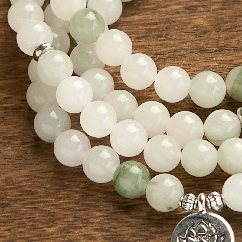 Wear FengShui 108 Mala Beads Natural Tianshan Jade Lotus Luck Bracelet