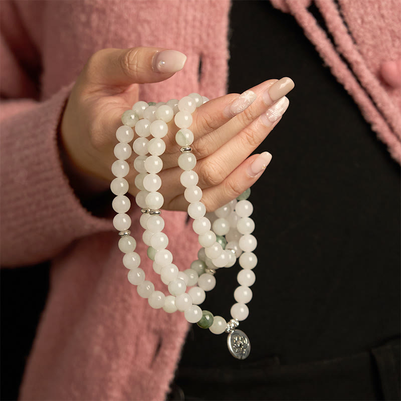 Wear FengShui 108 Mala Beads Natural Tianshan Jade Lotus Luck Bracelet