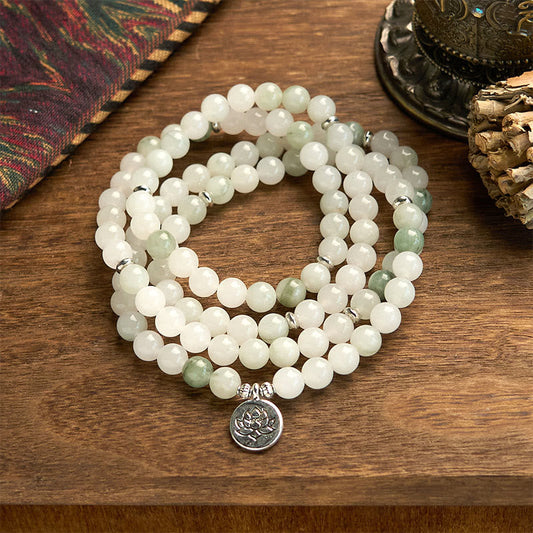 Wear FengShui 108 Mala Beads Natural Tianshan Jade Lotus Luck Bracelet
