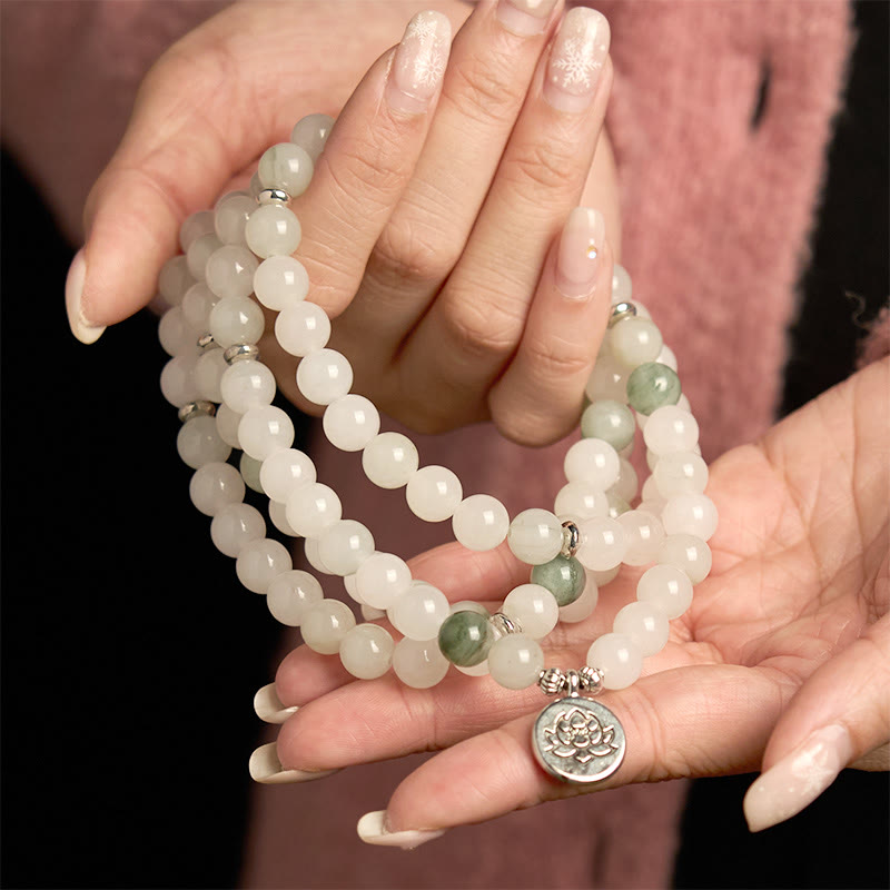 Wear FengShui 108 Mala Beads Natural Tianshan Jade Lotus Luck Bracelet