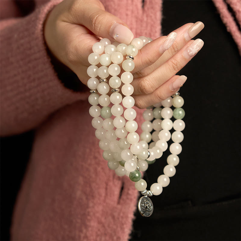 Wear FengShui 108 Mala Beads Natural Tianshan Jade Lotus Luck Bracelet