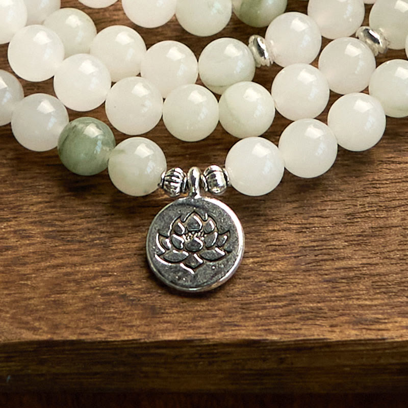 Wear FengShui 108 Mala Beads Natural Tianshan Jade Lotus Luck Bracelet