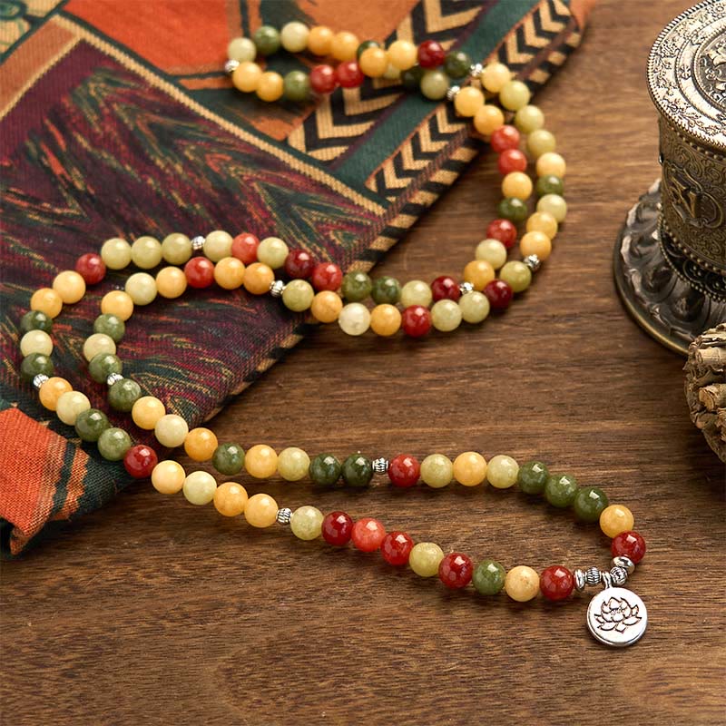 Wear FengShui 108 Mala Beads Natural Colored Stone Topaz Red Jasper Green Jasper Lotus Protection Bracelet