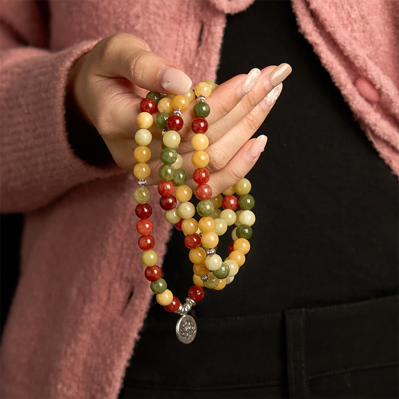 Wear FengShui 108 Mala Beads Natural Colored Stone Topaz Red Jasper Green Jasper Lotus Protection Bracelet