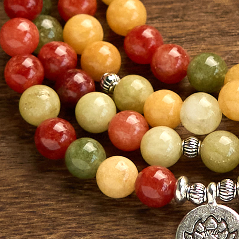 Wear FengShui 108 Mala Beads Natural Colored Stone Topaz Red Jasper Green Jasper Lotus Protection Bracelet