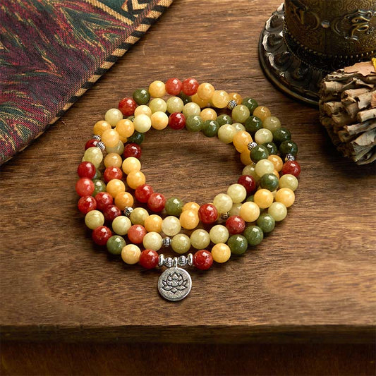 Wear FengShui 108 Mala Beads Natural Colored Stone Topaz Red Jasper Green Jasper Lotus Protection Bracelet