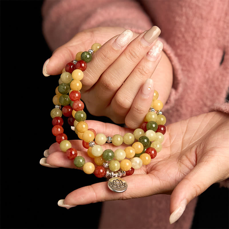 Wear FengShui 108 Mala Beads Natural Colored Stone Topaz Red Jasper Green Jasper Lotus Protection Bracelet