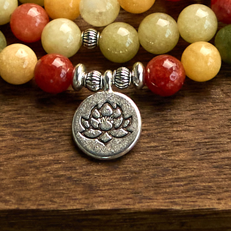Wear FengShui 108 Mala Beads Natural Colored Stone Topaz Red Jasper Green Jasper Lotus Protection Bracelet