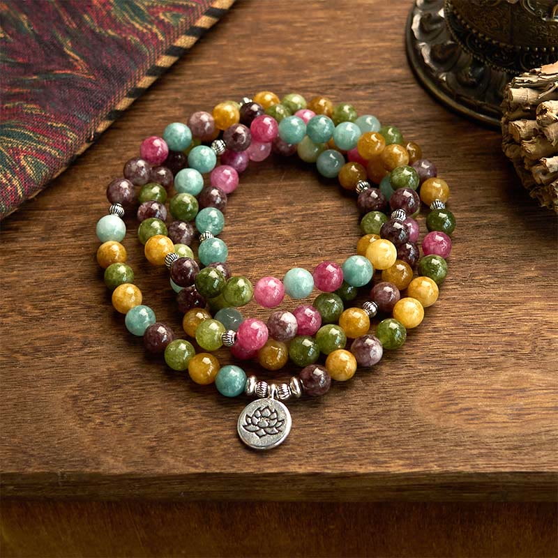 Wear FengShui 108 Mala Beads Multi-layer Natural Tourmaline Lotus Wisdom Bracelet