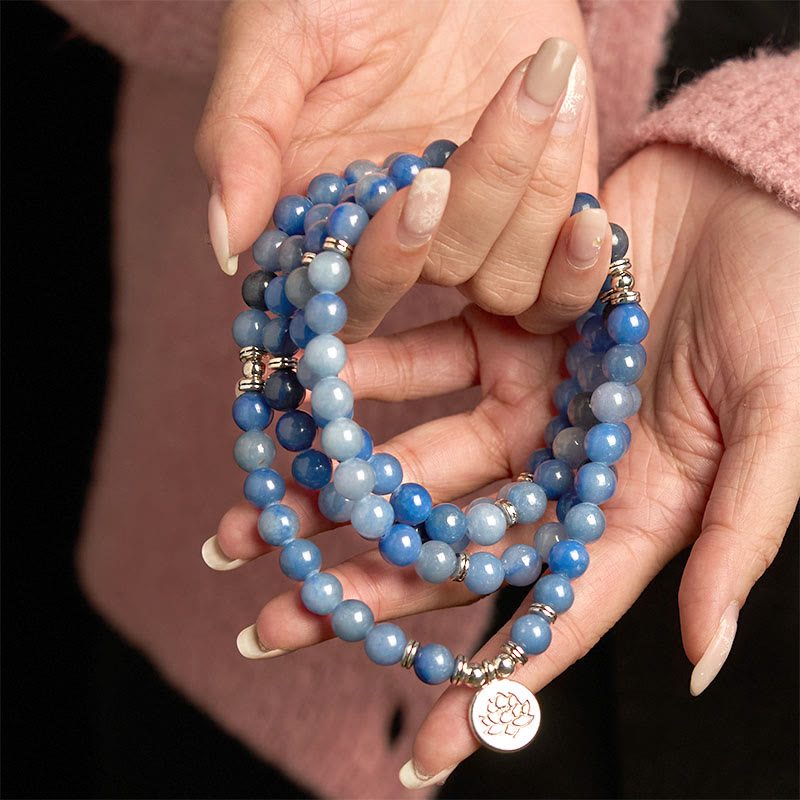 Wear FengShui 108 Mala Beads Multi-layer Natural Blue Aventurine Lotus Calm Bracelet