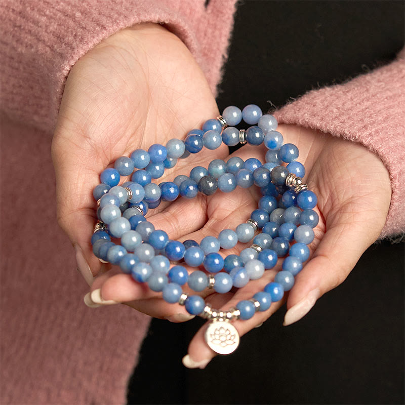 Wear FengShui 108 Mala Beads Multi-layer Natural Blue Aventurine Lotus Calm Bracelet